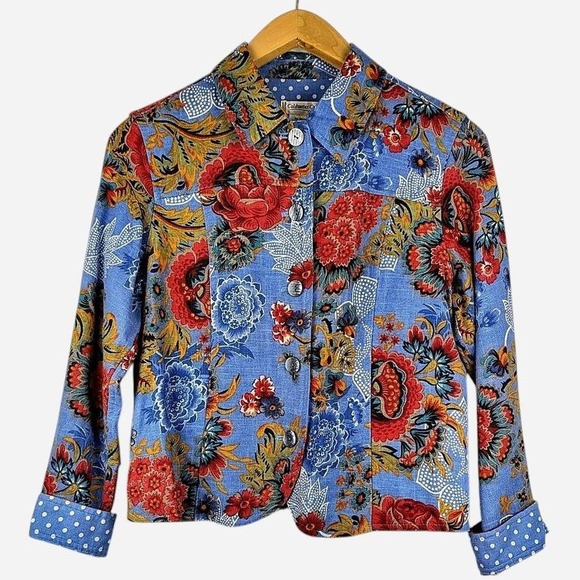 Vintage 2000s Coldwater Creek Blue Floral Linen Blend Jacket Size PM - Picture 1 of 6